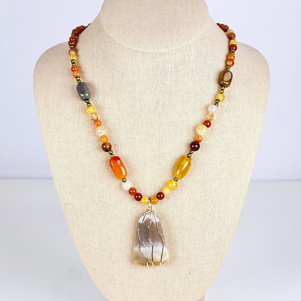 Boho Orange Agate Carnelian Beaded Wire‎ Wrapped Pendant Necklace